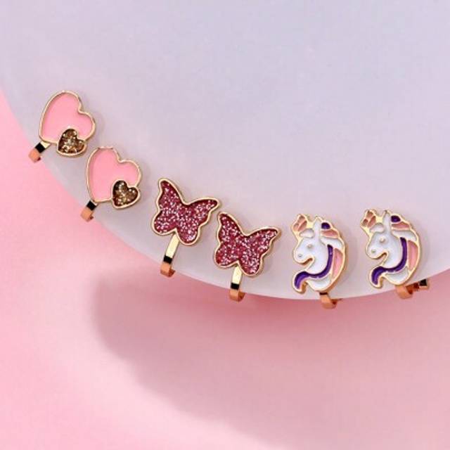 SHEIN 3 Pairs Colorful Zinc Alloy Butterfly, Unicorn, Heart Shaped Clip On Earrings For Girls, No Piercing Required, Suitable For Daily Wear