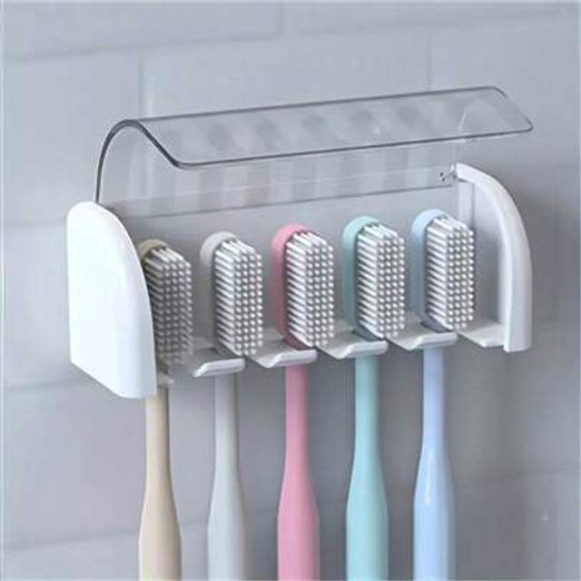 SHEIN 1pc 5-Slot Toothbrush Holder With Self-Adhesive Cover & No Drill Wall Mount - Bathroom Accessories Organizer For Shower Storage, Dorm Essentials, Coll