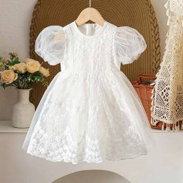 SHEIN Baby Girls Infant Elegant Vintage Lace Tulle Puff Sleeve Party Dress Princess Gown Birthday Outfit, Spring/Summer