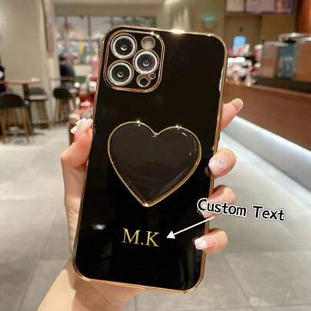 SHEIN 1pc Customized Plated Heart Stand & Plated Phone Case, Personalized Letter Name, Minimalist Heart Holder Phone Shell Soft Case, Compatible With IPhone