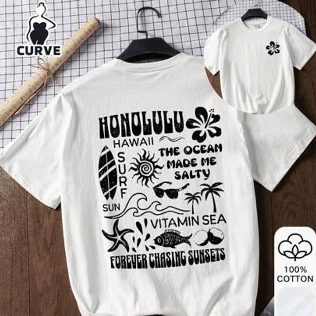 SHEIN Beach Print Summer Women&#39;s Plus Size 100% Cotton Short Sleeve, Summer T-Shirt, Casual Women Outfits, White Top, Graphic T-Shirt, Cotton T-Shirt