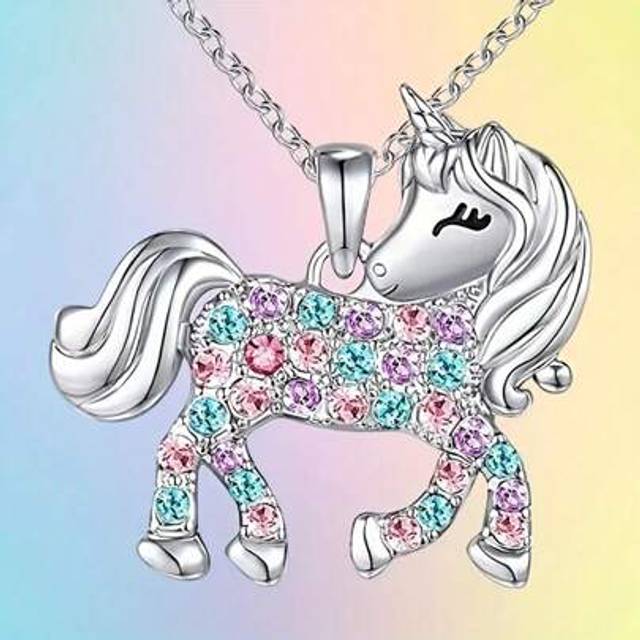 SHEIN Unicorn Necklace, Europe And America Style, Cute And Colorful Horse Pendant With Rhinestones, Cartoon Animal Necklace