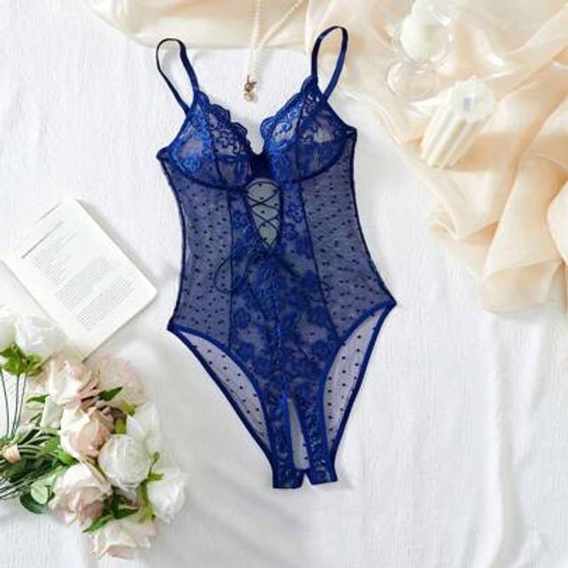SHEIN 1pc Lace Contrast Mesh Ladies&#39; Sexy One-Piece Lingerie Bodysuit