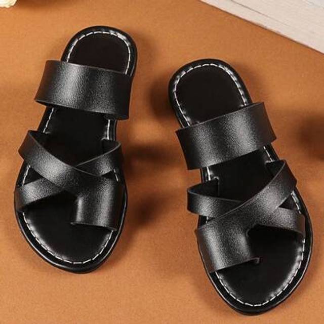 SHEIN 1 Pair Black Plus Size Toddler/Little Girls Fashion Cross Strap Flat Slides, Luxury Royal Style Cute Roman Casual Sandals For 3-15 Years Old, Suitable
