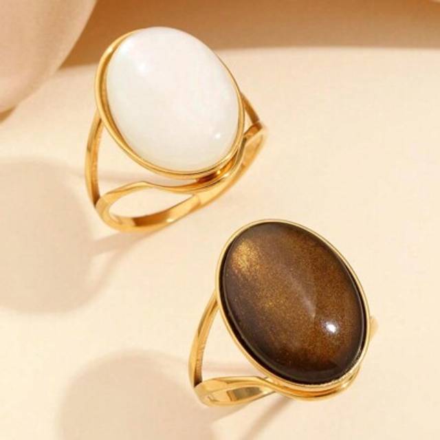 SHEIN 2pcs Stainless Steel Gold, White & Brown Gemstone Rings, Suitable For Women&#39;s Daily Decor Or Gifts