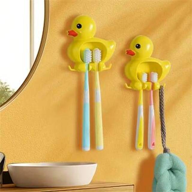 SHEIN 2pcs Cute Duck Design Wall Mounted Toothbrush Holder, Waterproof Plastic Bathroom Storage Organizer, Suction Cup No-Drill, Home Decor
