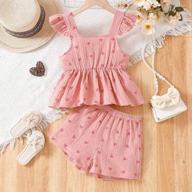 SHEIN 2pcs/Set Little Girls Strap Top With Cap Sleeve And Shorts