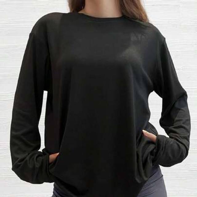 SHEIN Small Shoulder Drop Long-Sleeve T-Shirt Solid Color Black Loose Casual