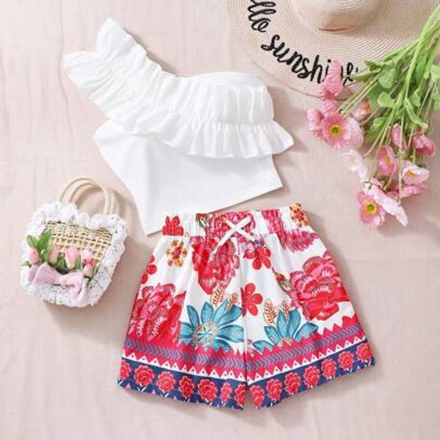 SHEIN 2pcs/Set Teenage Girls Fresh Summer Short Sleeve Top + Digital Print Shorts, Fashionable Woven Fabric Casual Summer Outfit