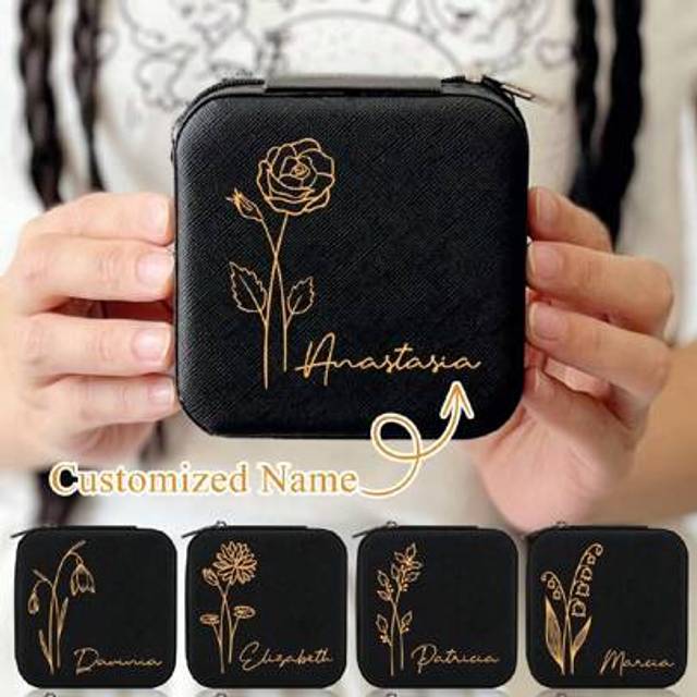 SHEIN 1pc Customized Jewelry Organizer Box With/Name & Birth Flower Month - Birthday Gifts For Women, Mom Personalized Jewelry Travel Case, Customized Bride