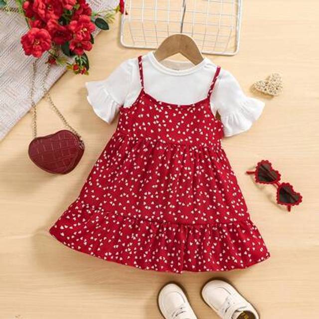 SHEIN Babygirl Valentine&#39;s Day Cute Polka Dot Red Spaghetti Strap Dress & Short Sleeve T-Shirt Set, Summer