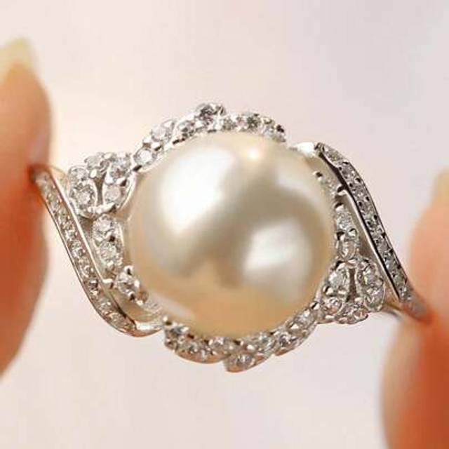 SHEIN Luxury S925 Sterling Silver Micro Pave Cubic Zirconia & Pearl Women Fashion Engagement Ring