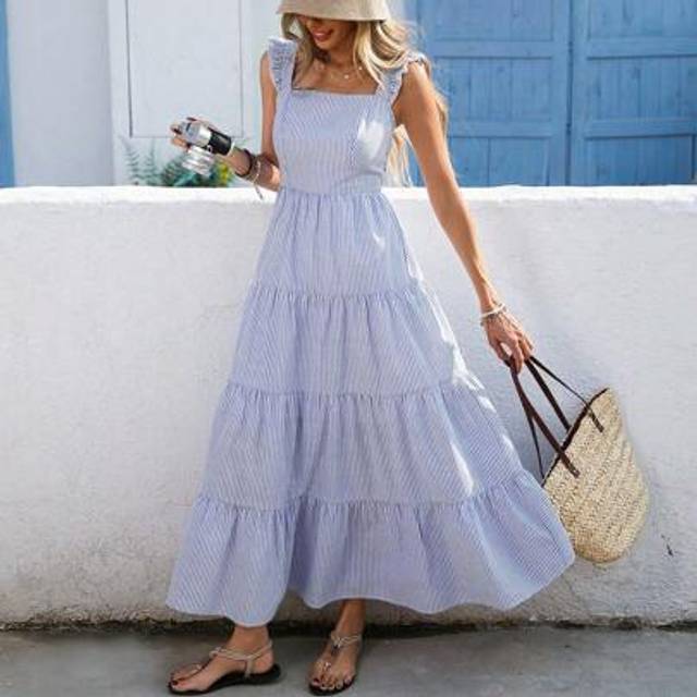 SHEIN Plus Size Striped Cinched Waist Waist Midi Dress, Suitable For Casual Everyday Wear In Summer Corset Dress Ibiza Outfits Summer Outfits For Women  Bea