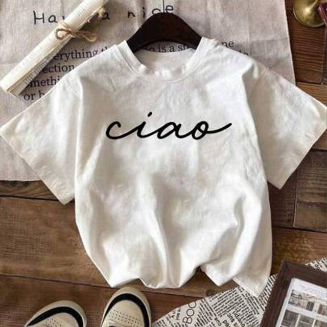 SHEIN Summer Women&#39;s Loose T-Shirt, Ciao Letter Print, 100%Cotton White Short-Sleeved Graphic T-Shirt
