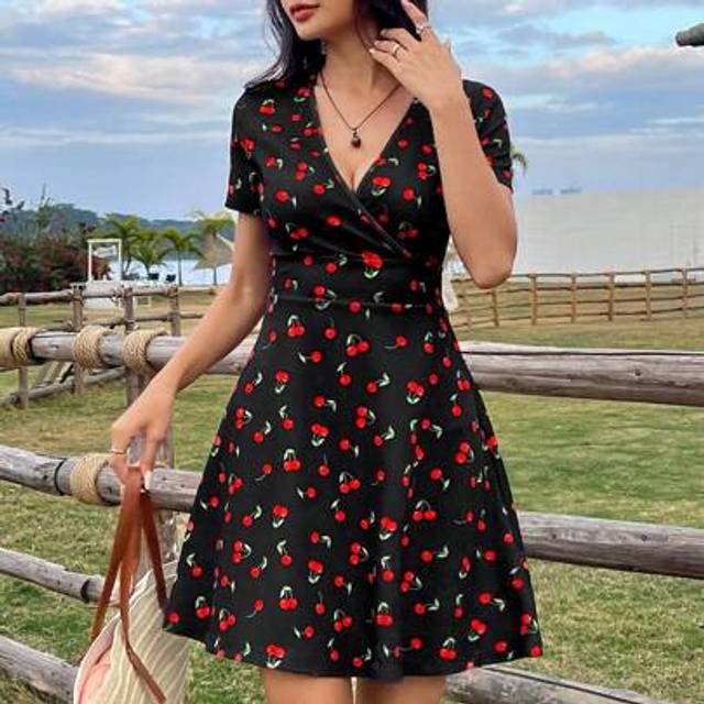 SHEIN Summer Holiday Cherry Print V-Neck A-Line Short Dress