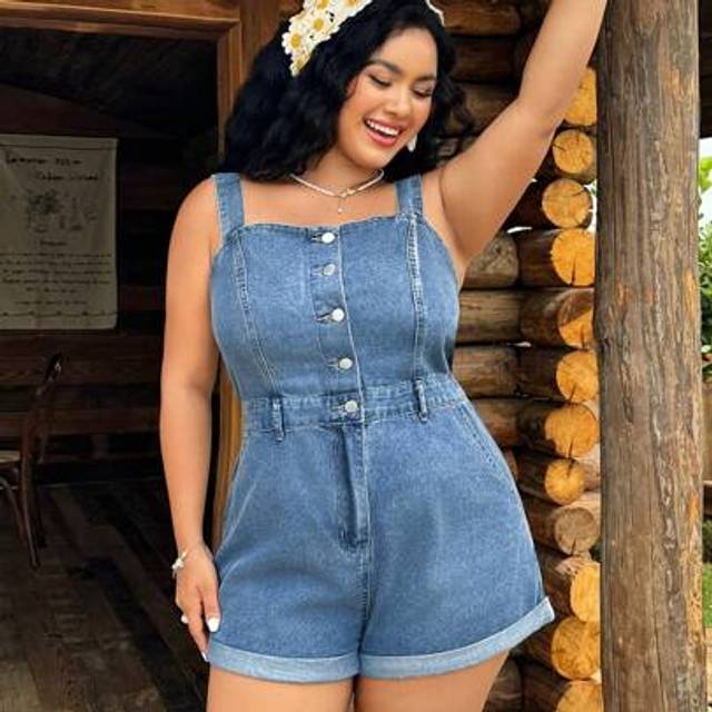 SHEIN Plus Size Denim Jumpsuit, Casual Slim Fit Bib Shorts, Blue,Summer Outfits For Women,Easter Outfit Curve,Western Wear Women Plus,Western Wear Women