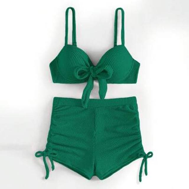 SHEIN Women&#39;s Solid Color Knotted Spaghetti Strap Bikini Top And Shorts Bikini Set Set