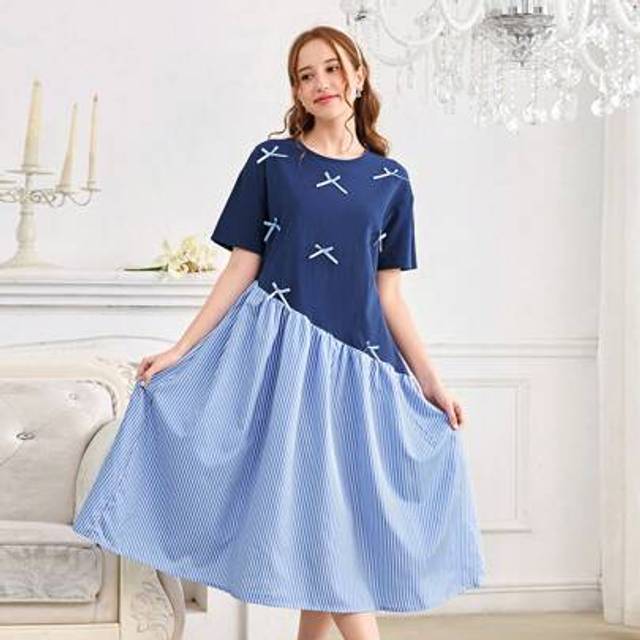 SHEIN Teenage Girls Loose Casual Round Neck Short Sleeve Striped A-Line Woven Patchwork Dress,Holiday,Summer,Travel