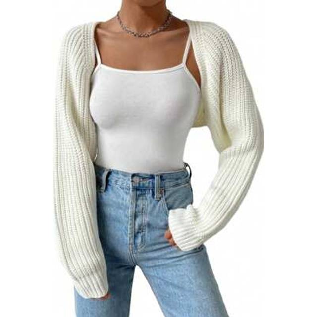 SHEIN Women&#39;s Open Front Cropped Cardigan Long Sleeve Solid Color Ribbed Knit Shrug Sweater Bolero Tops