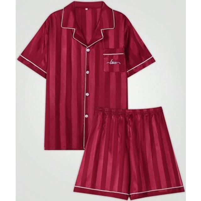 SHEIN Two Pieces Sets Men&#39;s Satin Pajama Set Shorts Silk Sleepcoat Button Style Short Sleeved Cardigan Striped Letter Embroidery Top Home Clothing Summer Lo