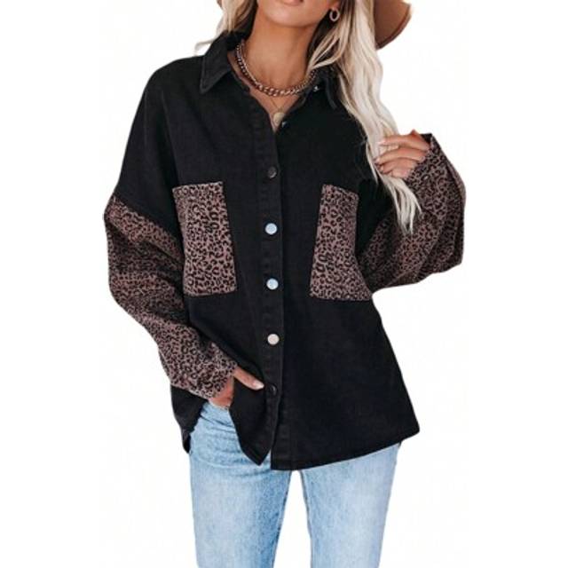 SHEIN Women&#39;s Loose Denim Jackets, Long Sleeve Button Down Leopard Contrast Jean Jacket
