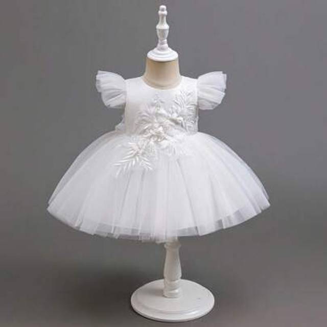 SHEIN Baby Girls&#39; White Tulle Puff Skirt Satin Cap Sleeve Big Bow Wedding Party Dress, Christening Gown
