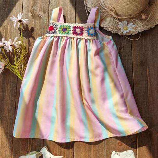 SHEIN Baby Girls Casual Elegant Resort Handmade Crochet Colorful Striped Spaghetti Strap Dress