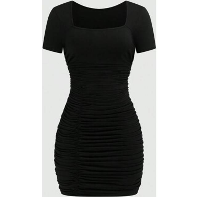 Sweetra Square Neck Pleated Cinched Waist Slim Short Sexy Fashionable Elegant Dress For Women