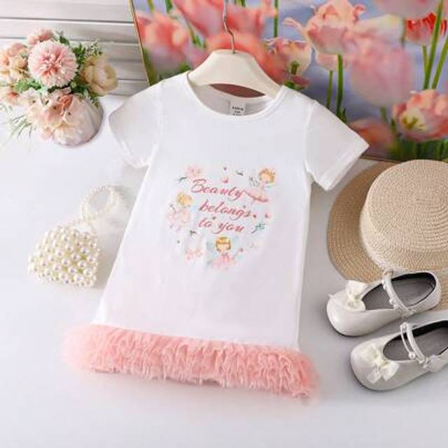 SHEIN Baby Girls Cute Princess Knitted Round Neck Fairy Pattern Dress With Mesh Hem Ruffle Detail