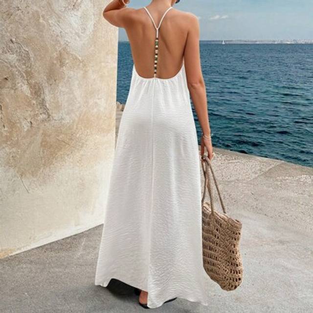 SHEIN Women&#39;s Solid Color Hollow Back Beaded Strap Casual Vacation Sundress