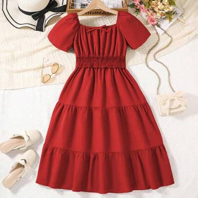 SHEIN Girls Vintage Elegant Square Collar Puff Sleeve Waist Lace Splice Dress, Summer