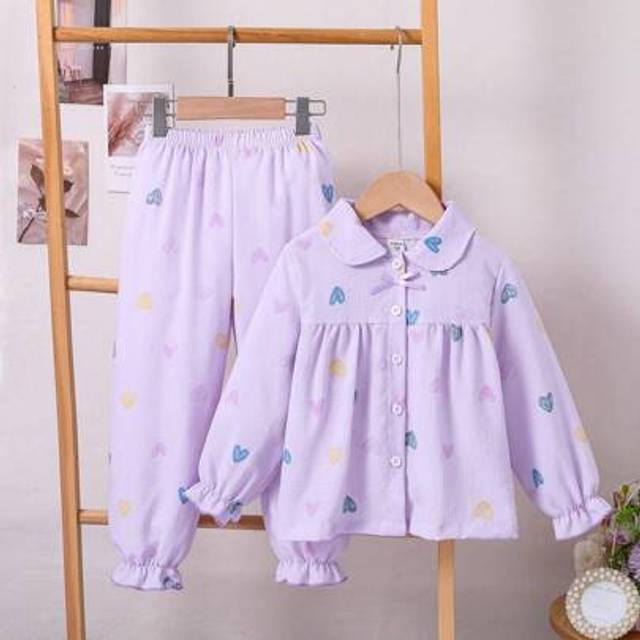 SHEIN 2pcs/Set Girls&#39; Casual Purple Solid Sweet Cute Allover Heart Print Long Sleeve Top And Pants Homewear Set
