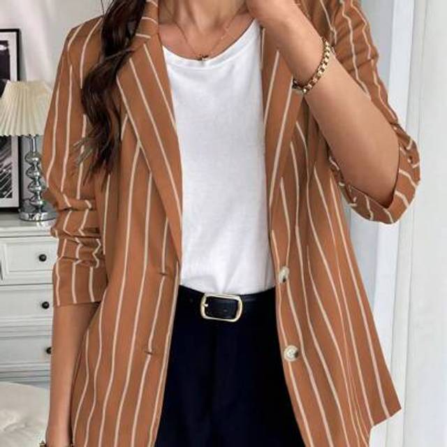 SHEIN Fahion Women Striped Blazer Jacket Long Sleeve Button Casual Office Wear For Spring Autumn