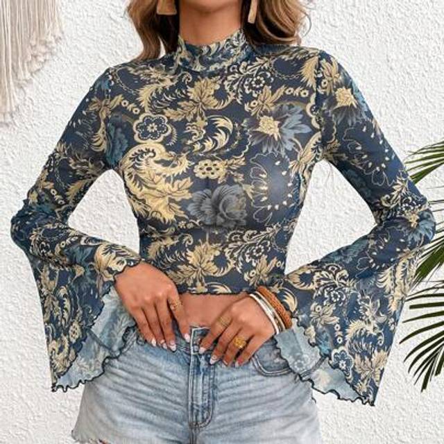 SHEIN Floral Print Mock Neck Trumpet Sleeve Sheer Crop Mesh Summer Women Beach Boho Top