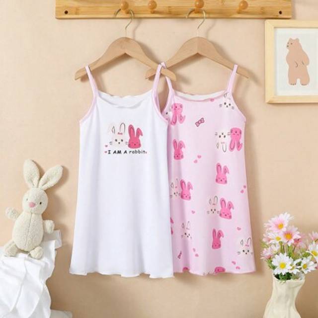 SHEIN Young Girl 2 Pieces Bunny Print Knitted Camisole Dress And Shorts Sleepwear Set, White & Pink, Comfortable & Cute