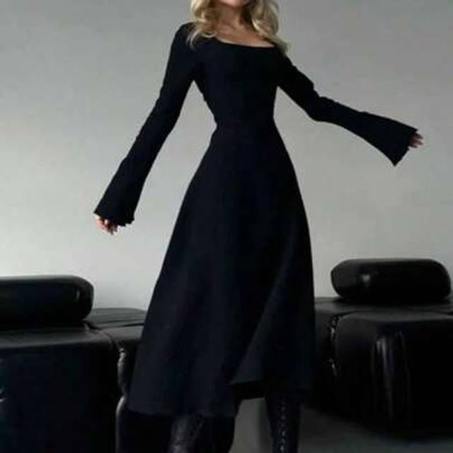 SHEIN WOWDARK Plus Size Women Autumn Long Sleeve Square Neck Tied Waist A-Line Long Dress