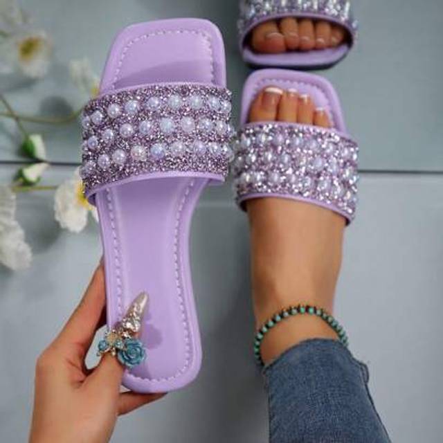 SHEIN Fashionable & Luxury Women&#39;s Flat Sandals With Pearl & Rhinestone Decor, Square Toe Mule Flat Shoes In Multiple Colors, Comfortable Shoes Suitable For