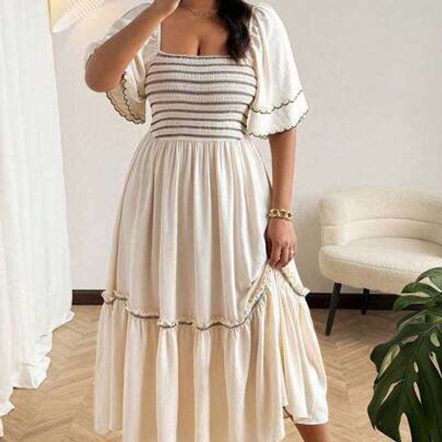 Calvaya Plus Size Square Neck Boho Beach Vacation Black Contrast Embroidery Ruffle Hem Dress