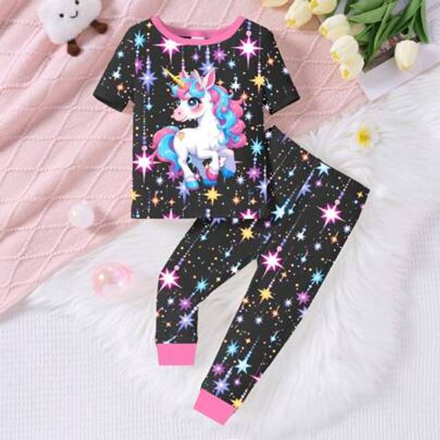 SHEIN 2pcs Young Girl Cute Unicorn Print Colorful Star Glow-In-The-Dark Contrast Color Crew Neck Knit Elastic Snug Fit Sleepwear Top & Pants Pajama Set