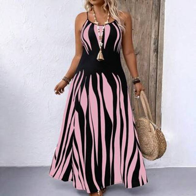 SHEIN Plus Size Sleeveless Dress With Adjustable Spaghetti Straps In Black And White Striped Pattern Maxi Women Outfit