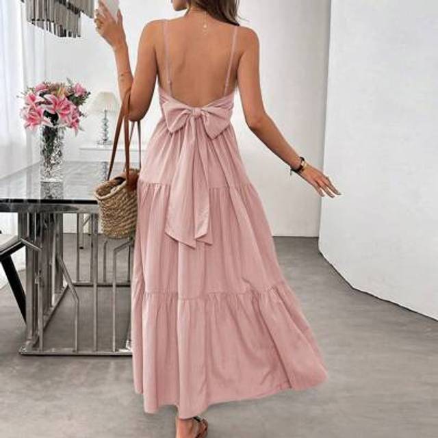 Luneh Casual Long Strap Tie-Up Bow Decor Cami Dress, Spring/Summer Bow Dress,Sun Dresses For Women