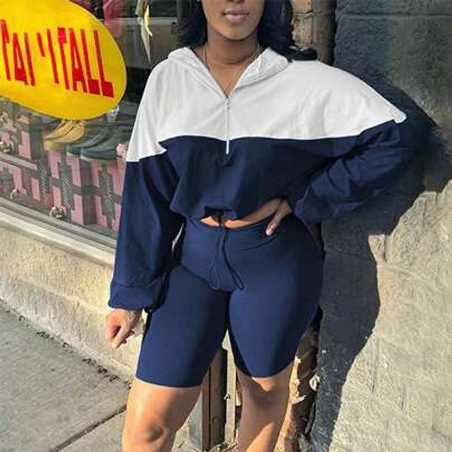 INAWLY Plus Size Women Contrast Color Long Sleeve Jacket And Shorts Casual 2 Pieces Set