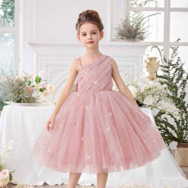 SHEIN Young Girl Spaghetti Strap Asymmetric Neck Beaded Sequin Floral Mesh Princess Dress, Suitable For Birthday Gift, Party, Prom, School Stage Performance