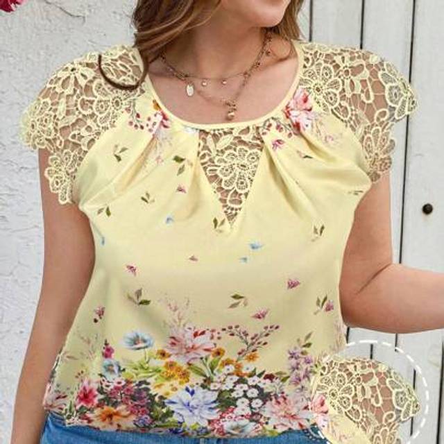 SHEIN Plus Size Summer Floral Print Lace Patchwork Blouse,Butter Yellow