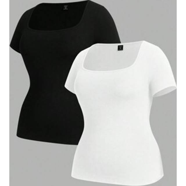 SHEIN Plus Size Women&#39;s Spring And Summer Fashion Casual Comfortable Basic Versatile Daily Slim Square Collar Black And White Short-Sleeved T-Shirt 2 Packs,