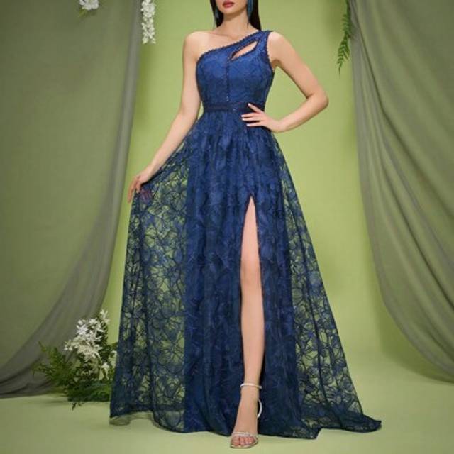 SHEIN Anpoket Asymmetrical Neck Embroidered Lace Trim Sleeveless Front Slit Maxi Evening Dress With Train, Party Dress, Wedding Guest Dress, Formal Dress,Go