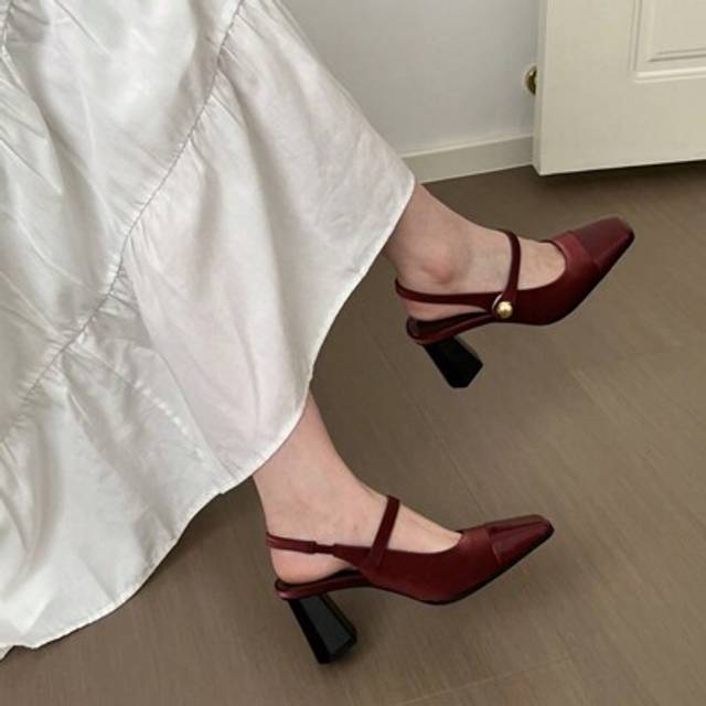 SHEIN Elegant Square Toe Studded Mary Jane Pumps, Backstrap Versatile Black High Heels, Fashionable Sexy Slip-On Red Patent Leather Chunky Heel Pumps Valent