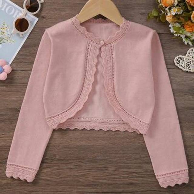 SHEIN Young Girl Elegant Solid Color Long Sleeve Hollow-Out Cardigan, Autumn