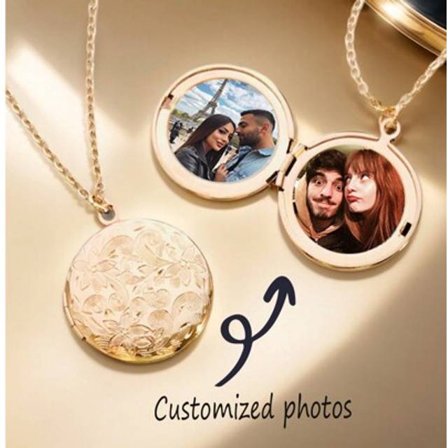 SHEIN Personalized With Your Own Photo Round Golden Locket Necklace, Photo Necklace, Photo Locket, Keepsake Photo Frame Charm, Best Gift