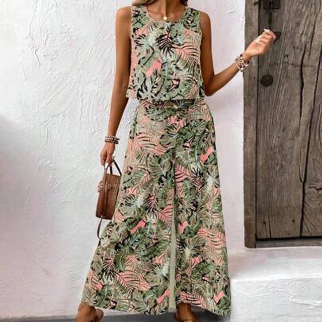 SHEIN 2pcs Women Tropical Plant Print Round Neck Sleeveless Top And Pants Casual Holiday Set